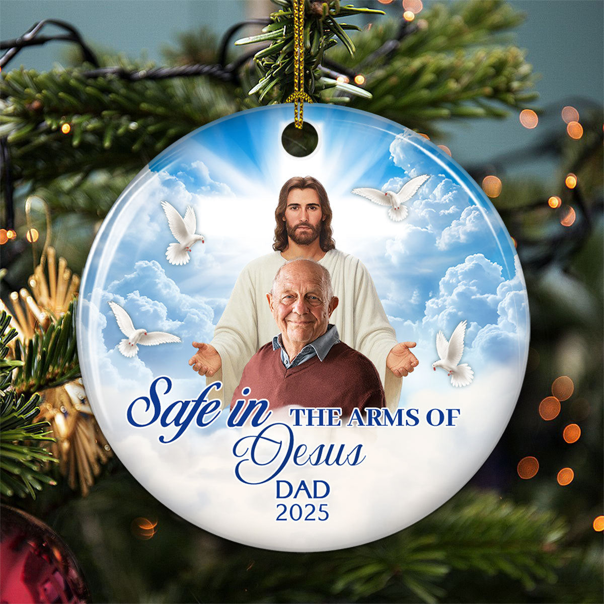 Custom Photo Memorial Christmas Ornament, Sympathy Keepsake • Safe In The Arms Of Jesus - Personalized Ceramic Ornament