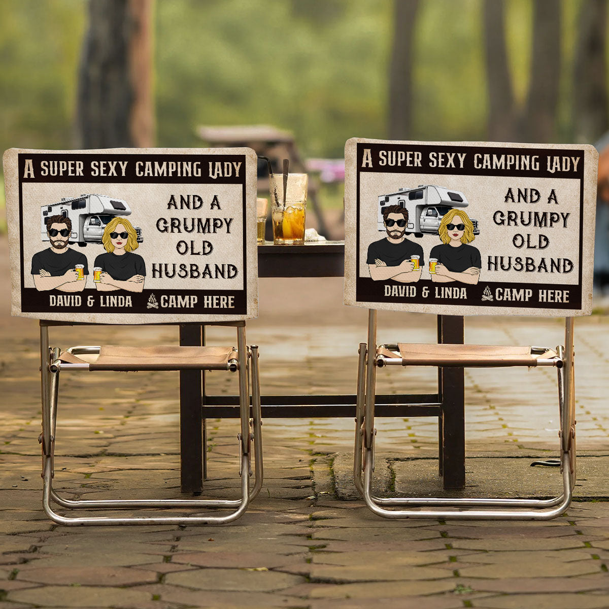 Sexy Camping Lady And Grumpy Old Husband - Personalized Camping Chair Cover