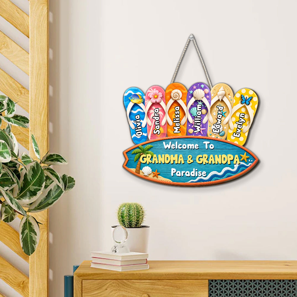 Custom Family Summer Backyard, Patio & Porch Decor • Flip Flop Family - Personalized Wood Sign