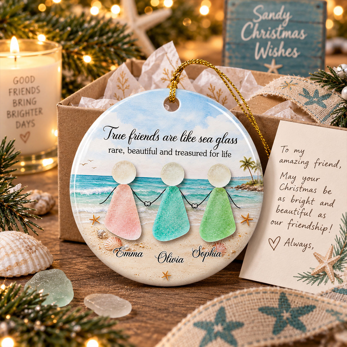 Custom Friendship Christmas Ornament, Best Friend Gift •  Sea Glass Friends - Personalized Ceramic Ornament