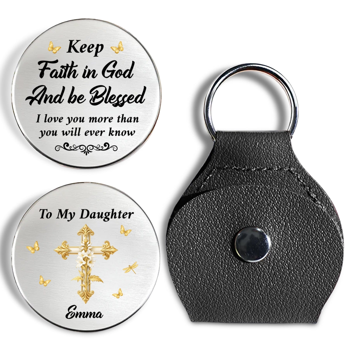 Custom Daughter Coin Keychain, Christian Gift, Faith Keepsake • Keep Faith In God - Personalized Pocket Hug