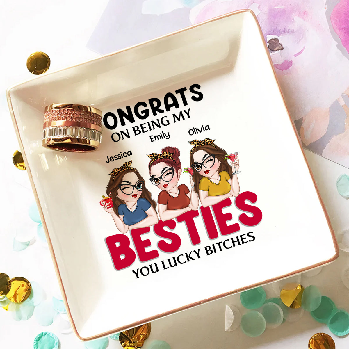 Custom Bestie Trinket Dish, Birthday Christmas Gift For Best Friend • Congrats On Being My Bestie - Personalized Jewelry Dish