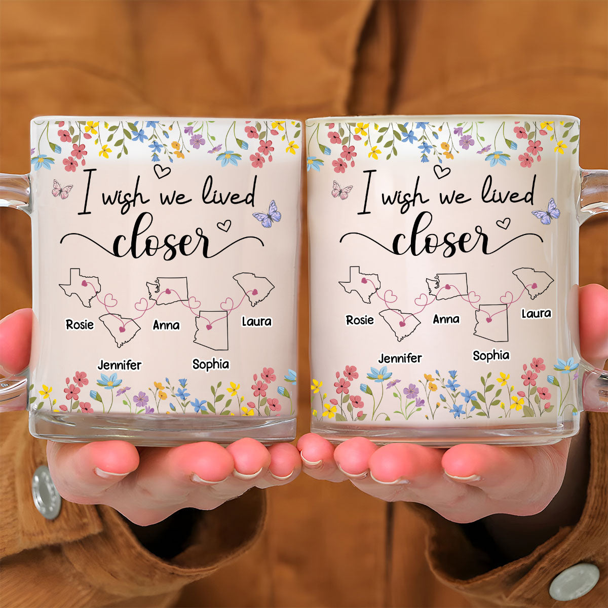Custom Best Friend, Christmas & Birthday Friendship Keepsake Gift • I Wish We Lived Closer Floral Version - Personalized Glass Mug