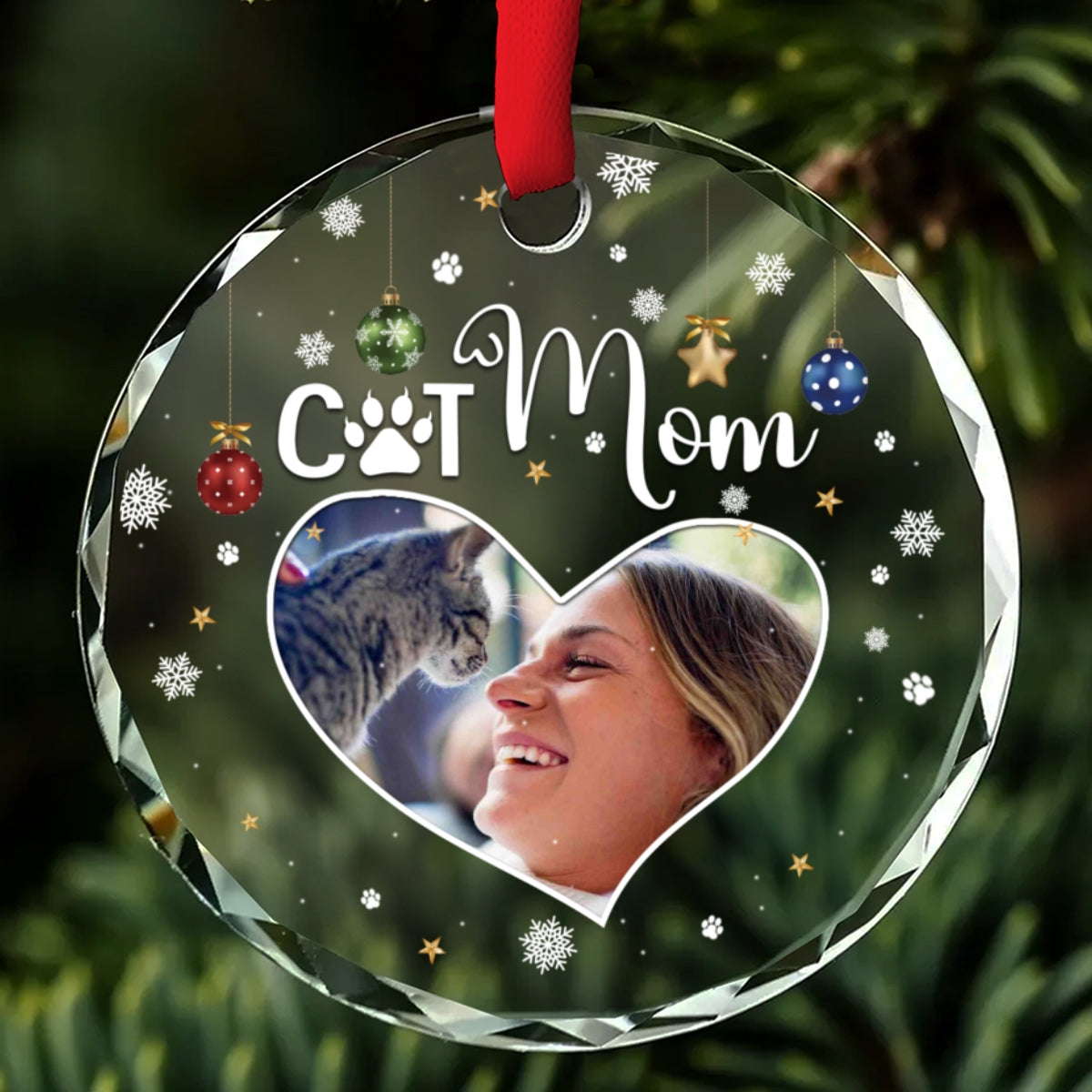 Custom Photo Keepsake Christmas Ornament • Cat Mom Photo - Personalized Glass Ornament