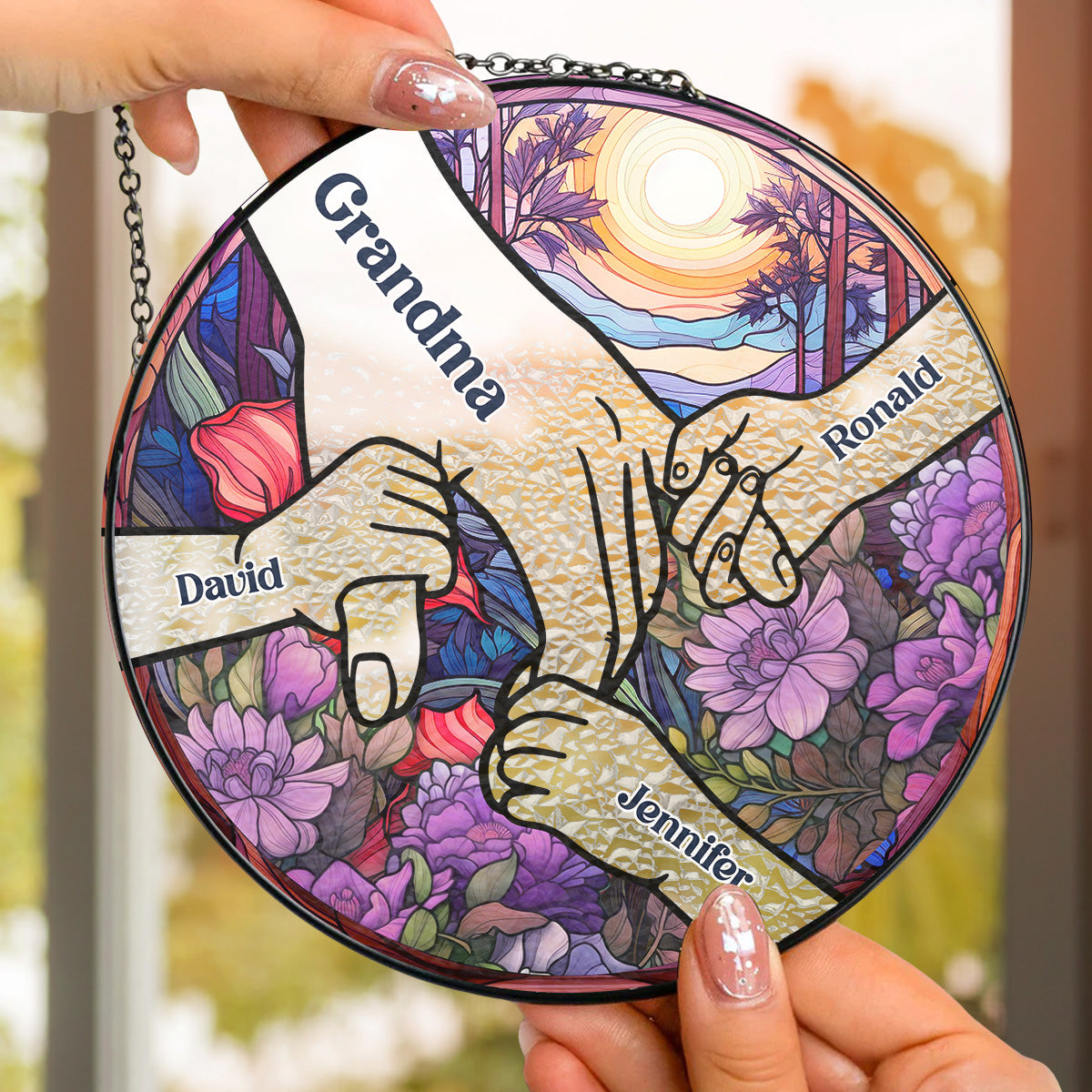 Custom Name Grandma Hanging Decor, Mother's Day Birthday Gifts • Hold Our Hands And Our Hearts - Personalized Window Hanging Suncatcher
