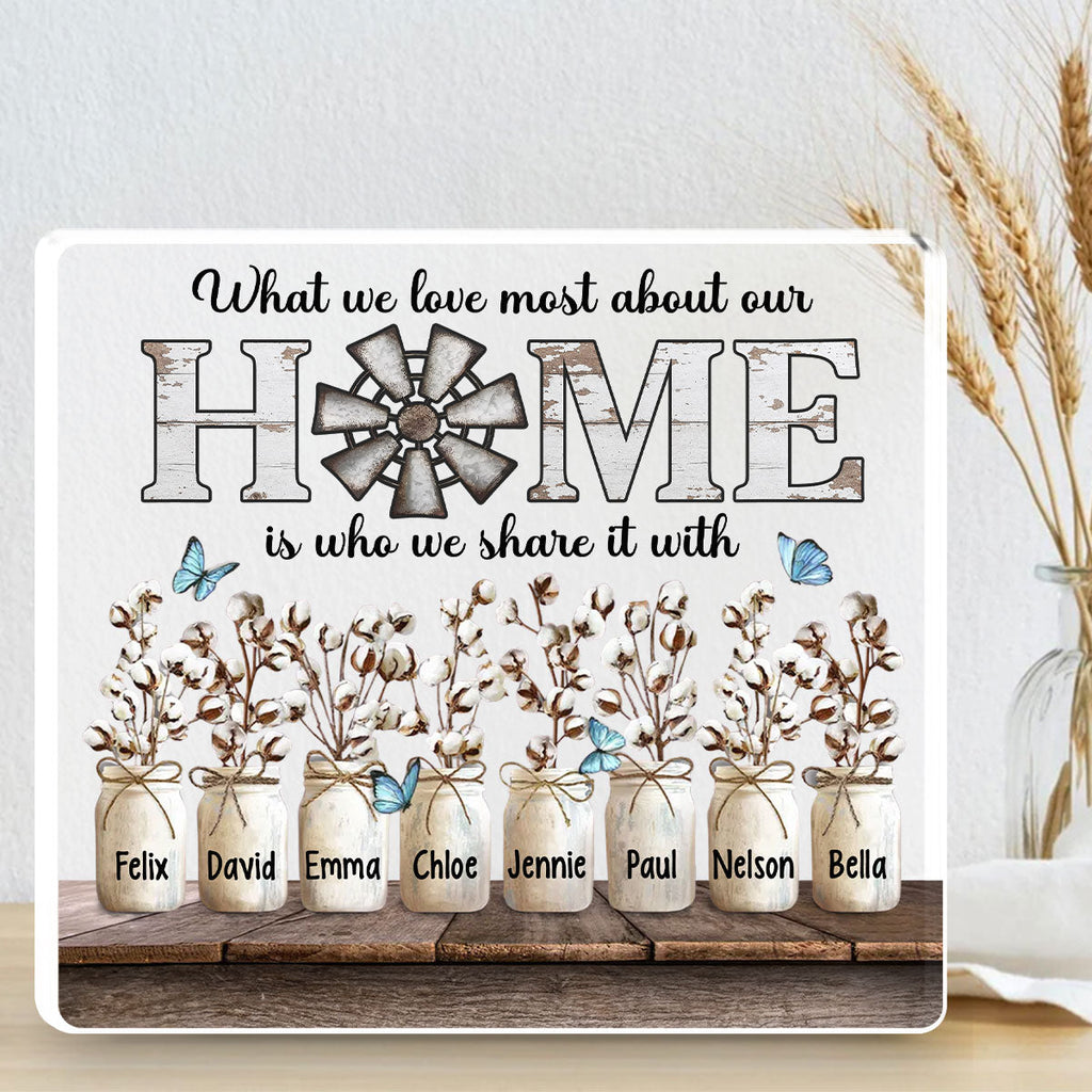 Custom Family Decor, Christmas Birthday Family Keepsake • What We Love Most About Our Home - Personalized Acrylic Plaque