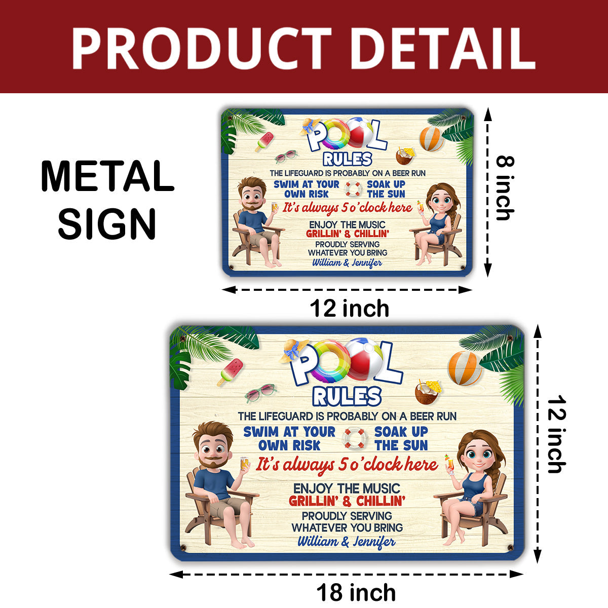Custom Couple Campground Sign, Campsite Outdoor Wall Decor • Pool Rules - Personalized Metal Sign