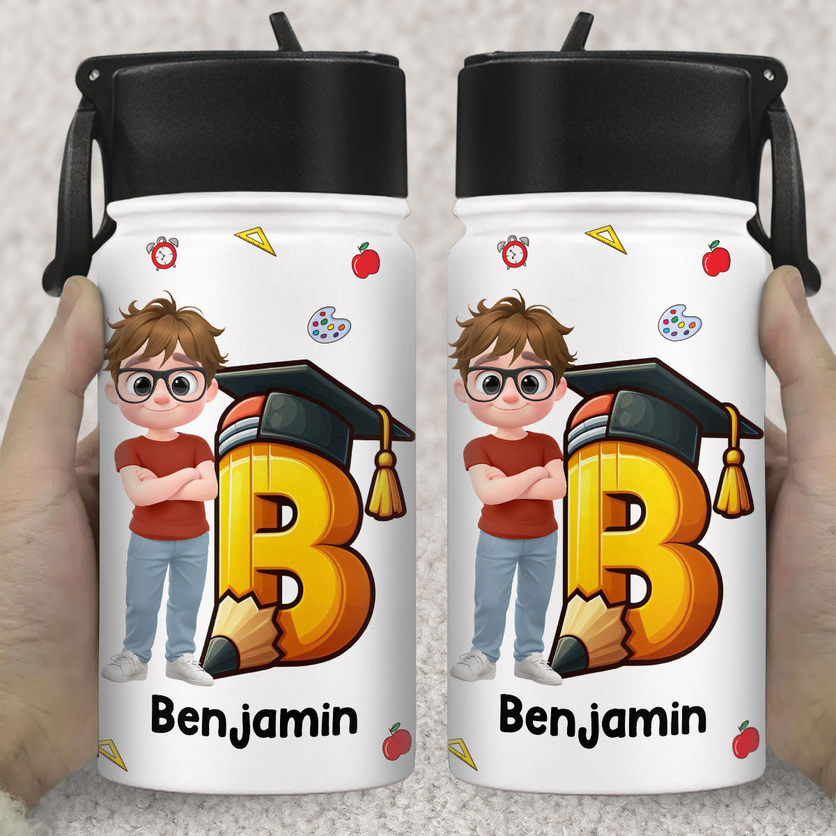 Alphabet Cartoonize Boy - Personalized 3D Inflated Effect Kids Water Bottle