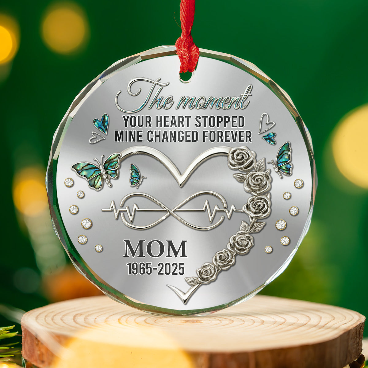 Custom Memorial Christmas Ornament, Sympathy Keepsake •  Your Heart Stopped Mine Changed Forever - Personalized Glass Ornament