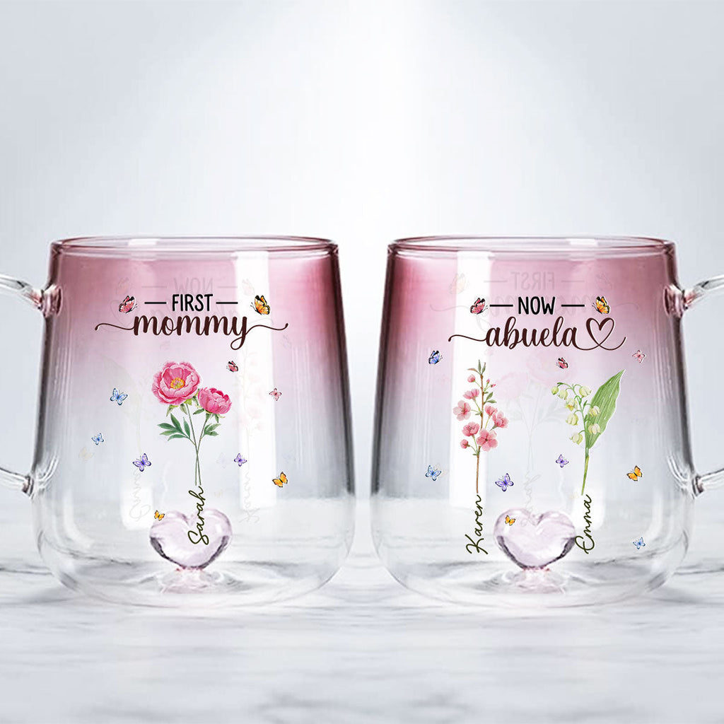 Custom Mother's Day Gift for Mom & Grandma • First Mom Now Grandma Flower - Personalized Pink Gradient Glass Mug
