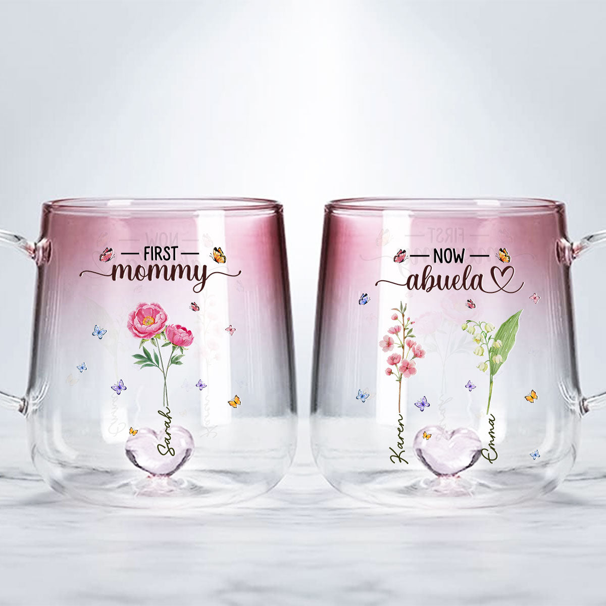 Custom Mother's Day Gift for Mom & Grandma • First Mom Now Grandma Flower - Personalized Pink Gradient Glass Mug