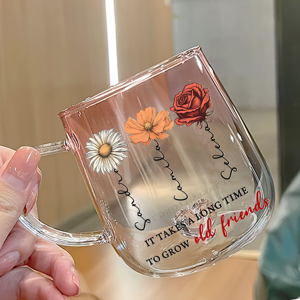 Custom Name & Birth Flower Birthday, Christmas Gift for Best Friend • It Takes A Long Time - Personalized Pink Gradient Glass Mug