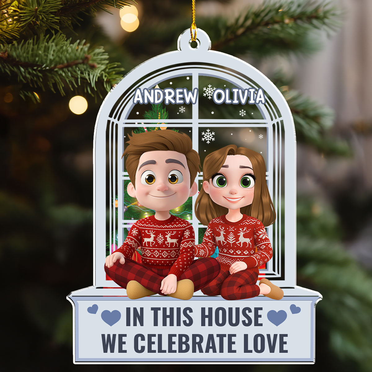 Custom Couple Christmas Ornament, Anniversary Gift •  Celebrate Love Window - Personalized Acrylic Ornament