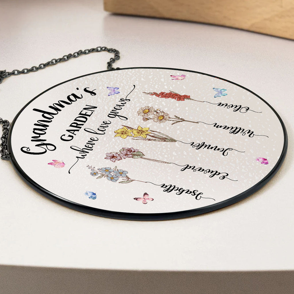 Custom Name Grandma Hanging Decor, Mother's Day Birthday Gifts • Our Love Grows Here - Window Hanging Suncatcher