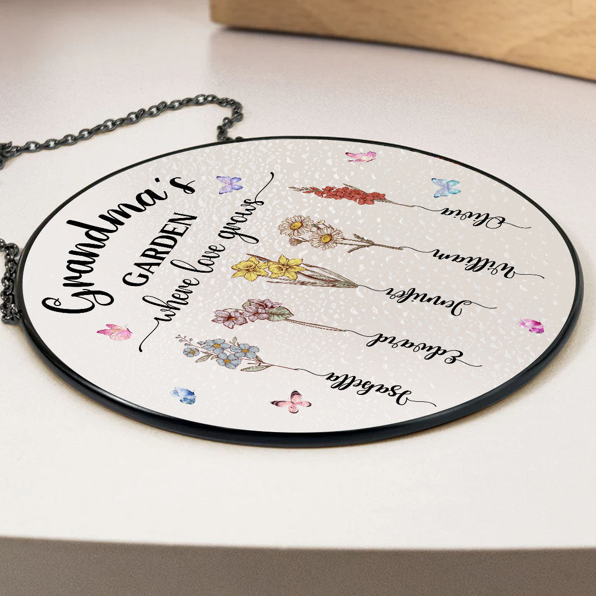 Custom Name Grandma Hanging Decor, Mother's Day Birthday Gifts • Our Love Grows Here - Window Hanging Suncatcher