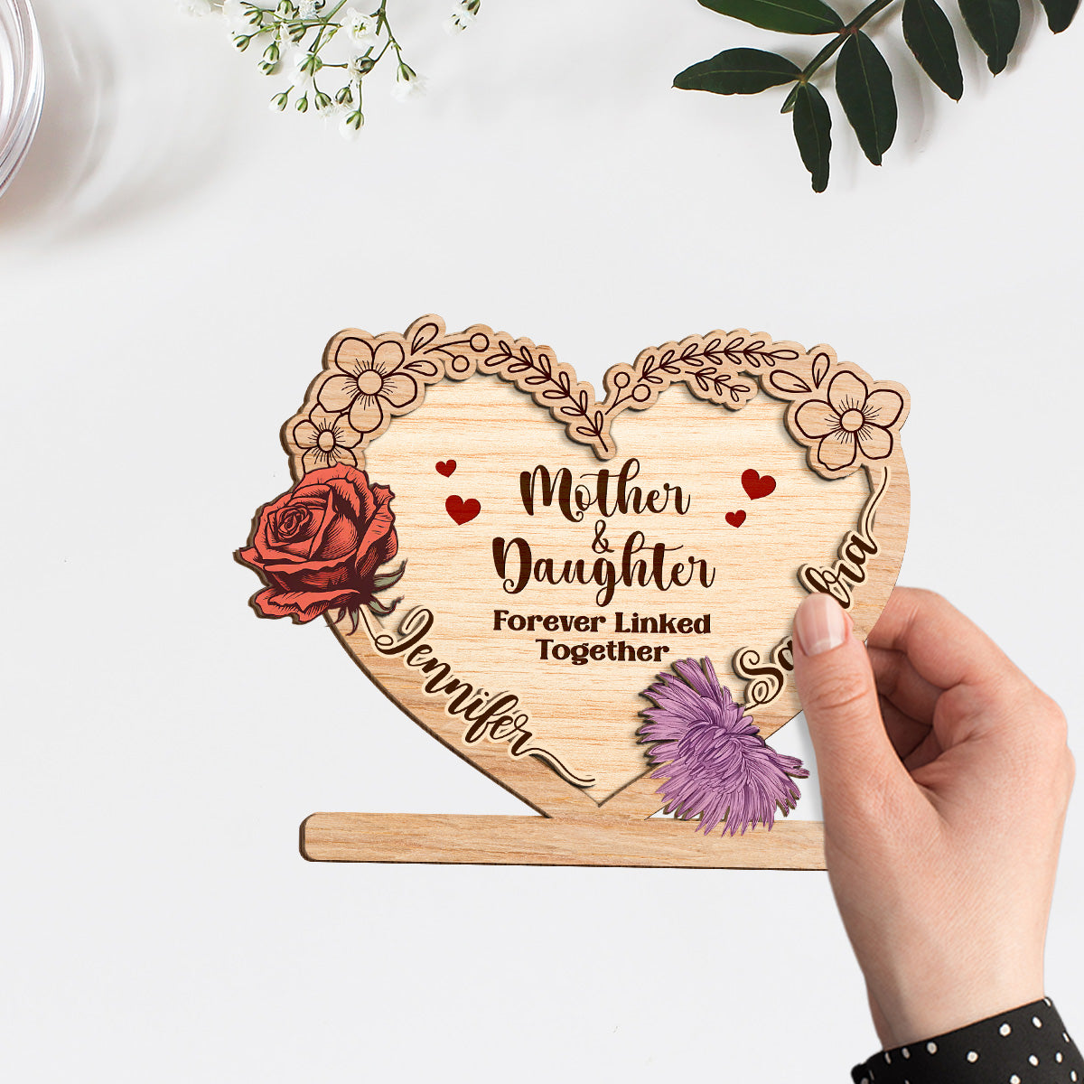 Custom Mother's Day Decor, Gift for Mom & Grandma • Linked Together Mom And Daughter - Personalized Wooden Plaque