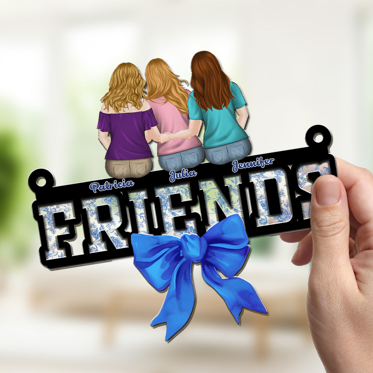 Custom Best Friend Hanging Decor, Friendship Birthday Gifts • Bestie Blue Toile - Personalized Suncatcher