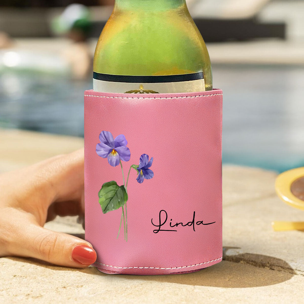 You Are The Most Beautiful Flower - Personalized Pink Leather Can Cooler Holder