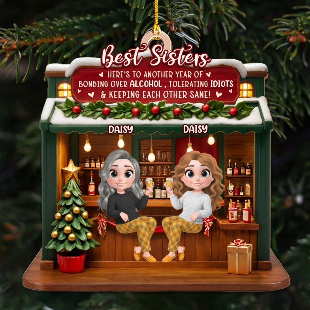 Custom Friendship Christmas Ornament, Best Friend Gift •  Bonded By Laughs And Wine - Personalized 3D Effect Wood Ornament