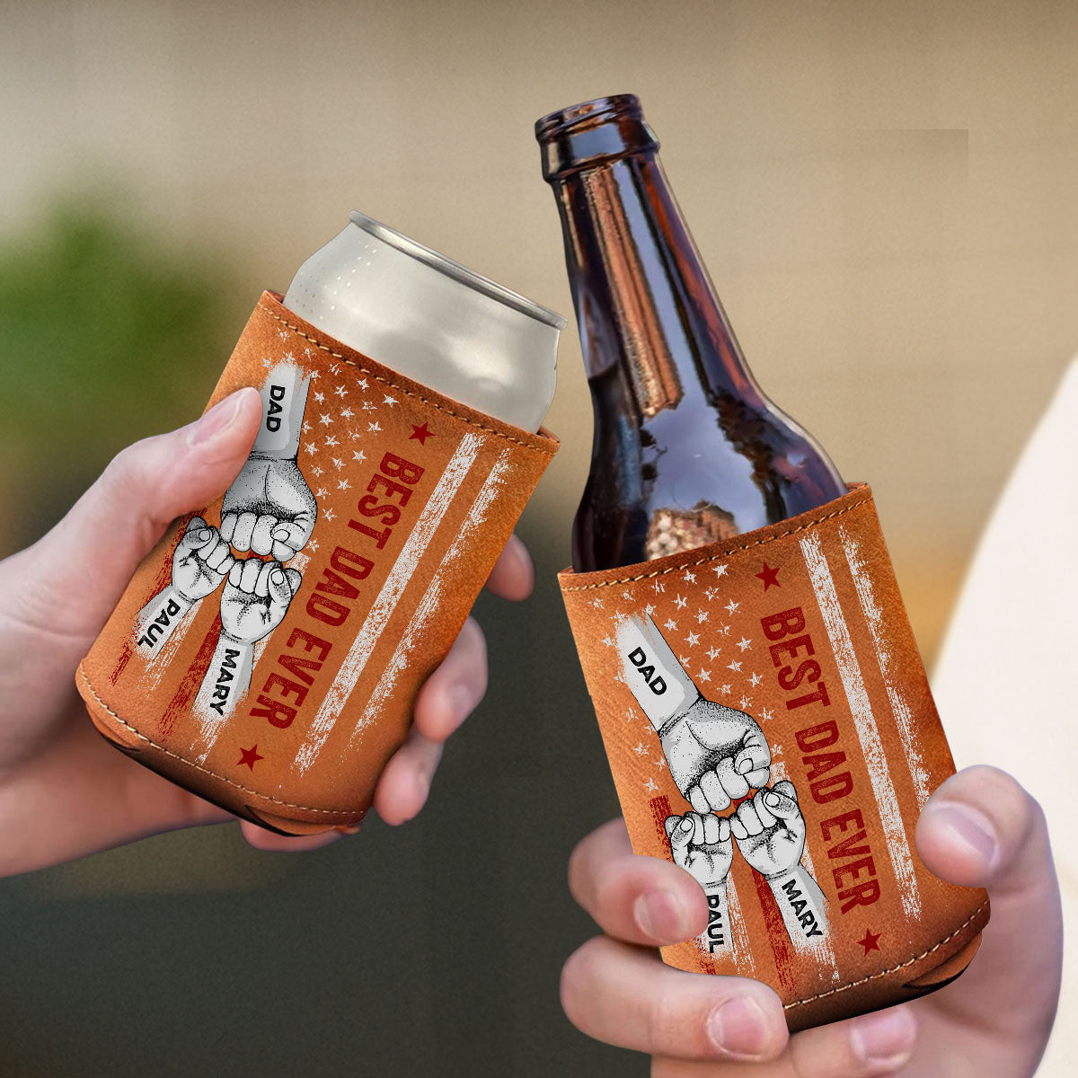 Best Bonus Dad Ever - Personalized Leather Can Cooler Holder