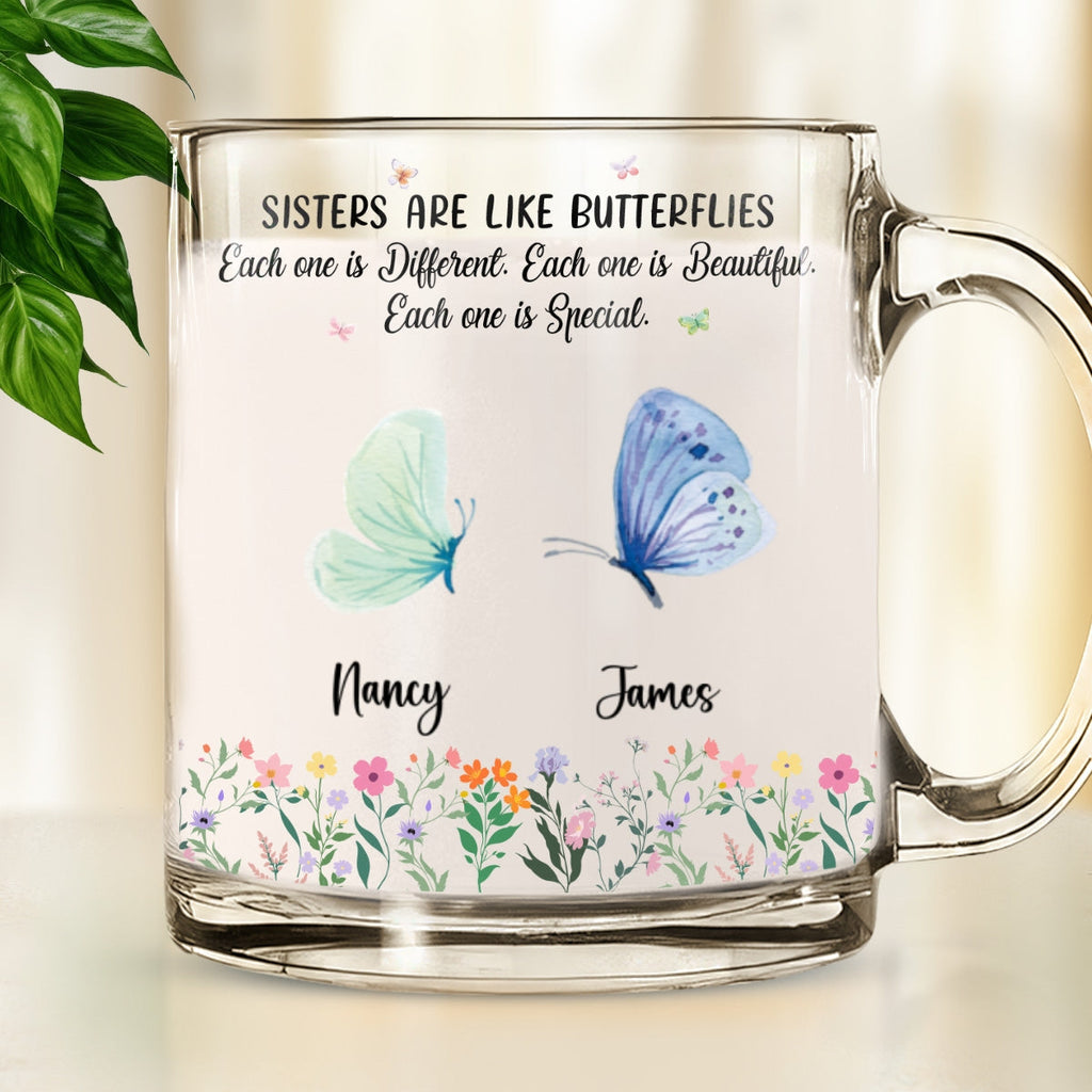 Custom Christmas & Birthday Gift For Sister • Sisters Flutter Through Life Beautifully - Personalized Glass Mug