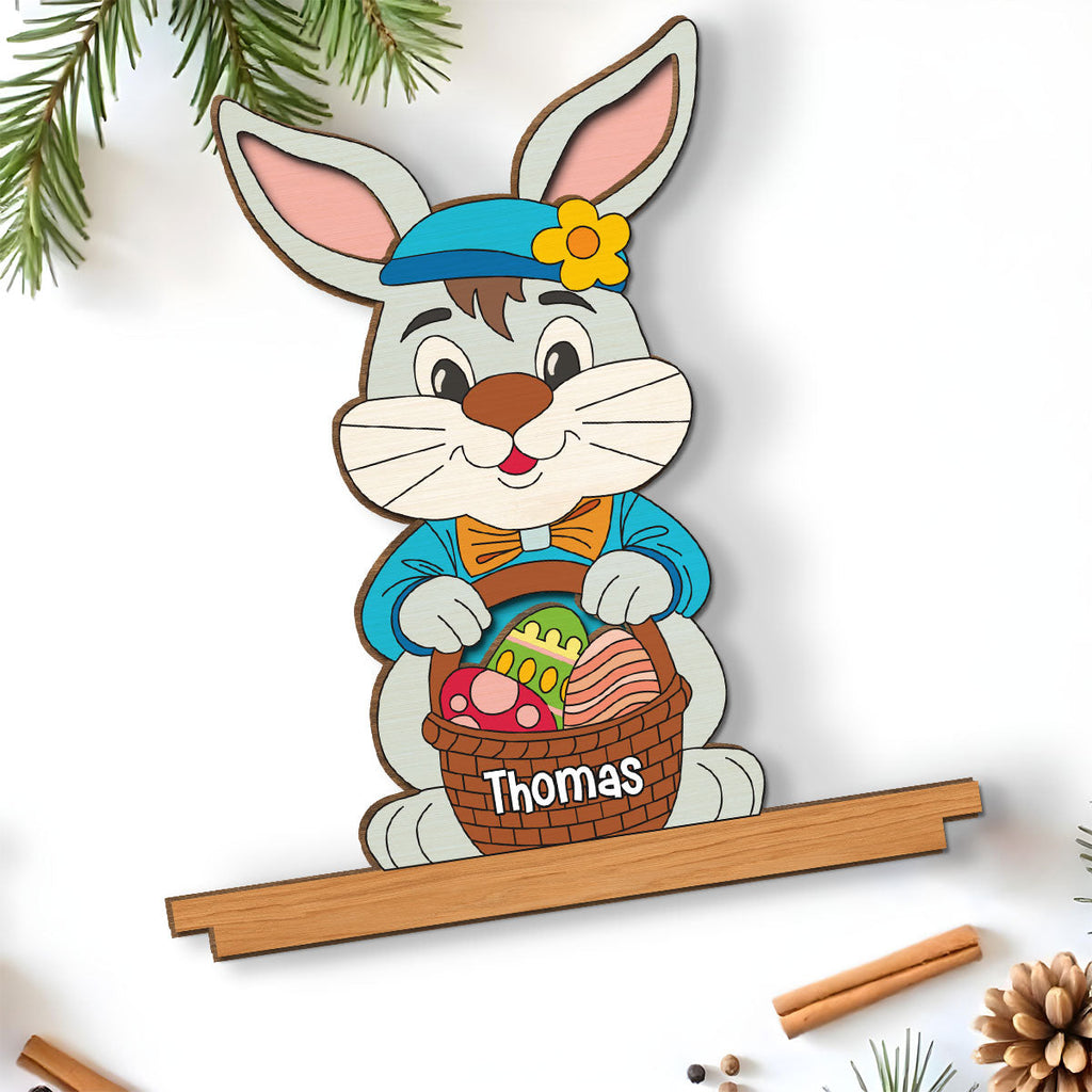 Custom Family Decor, Christmas Birthday Family Keepsake • Spring Bunny Surprise - Personalized 2-Layer Wood Plaque With Flat Base
