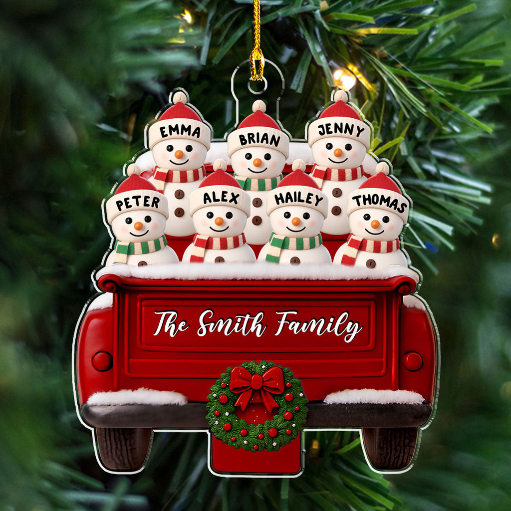 Custom Family Ornament, Christmas Gift for Family Members •  Red Truck Snowman Family - Personalized Acrylic Ornament