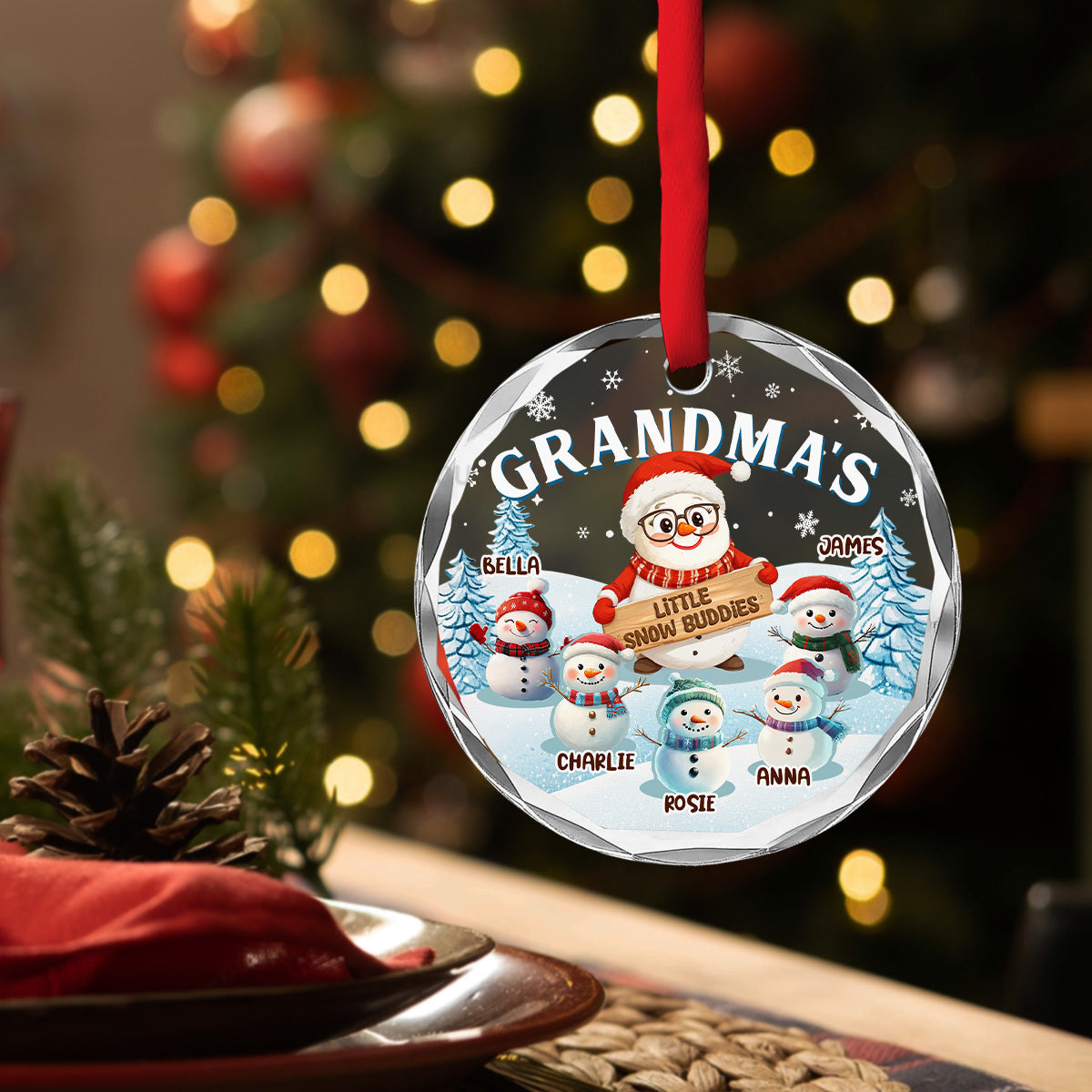 Custom Family Ornament, Christmas Gift for Family Members •  Grandma Little Snow Buddies - Personalized Glass Ornament