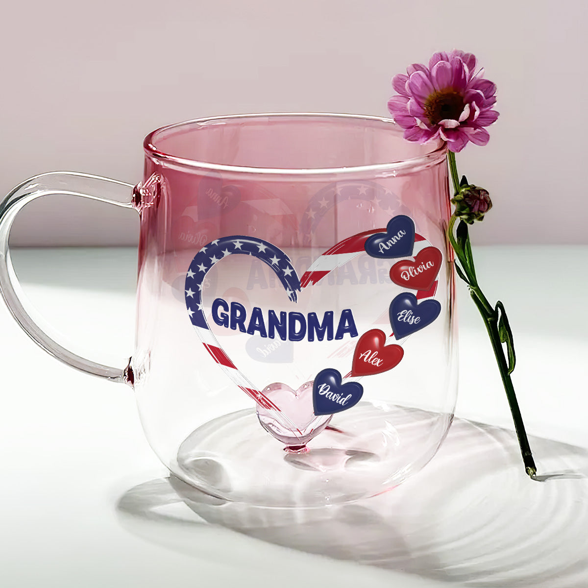 Custom Christmas & Birthday Gift For Grandma • American Grandma - Personalized Pink Gradient Glass Mug