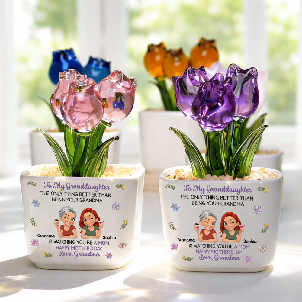 Custom Mother's Day Flower Keepsake, Glass Home Decor Gift for Granddaughter • Grandma And Grandkid Linked Together Cartoon - Personalized Glass Everlasting Tulips