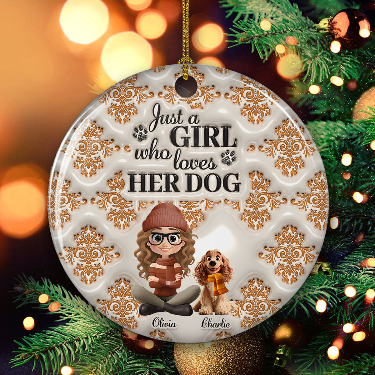 Custom Keepsake Christmas Ornament •  Pumskin Girl And Dog - Personalized 3D Inflated Effect Ceramic Ornament