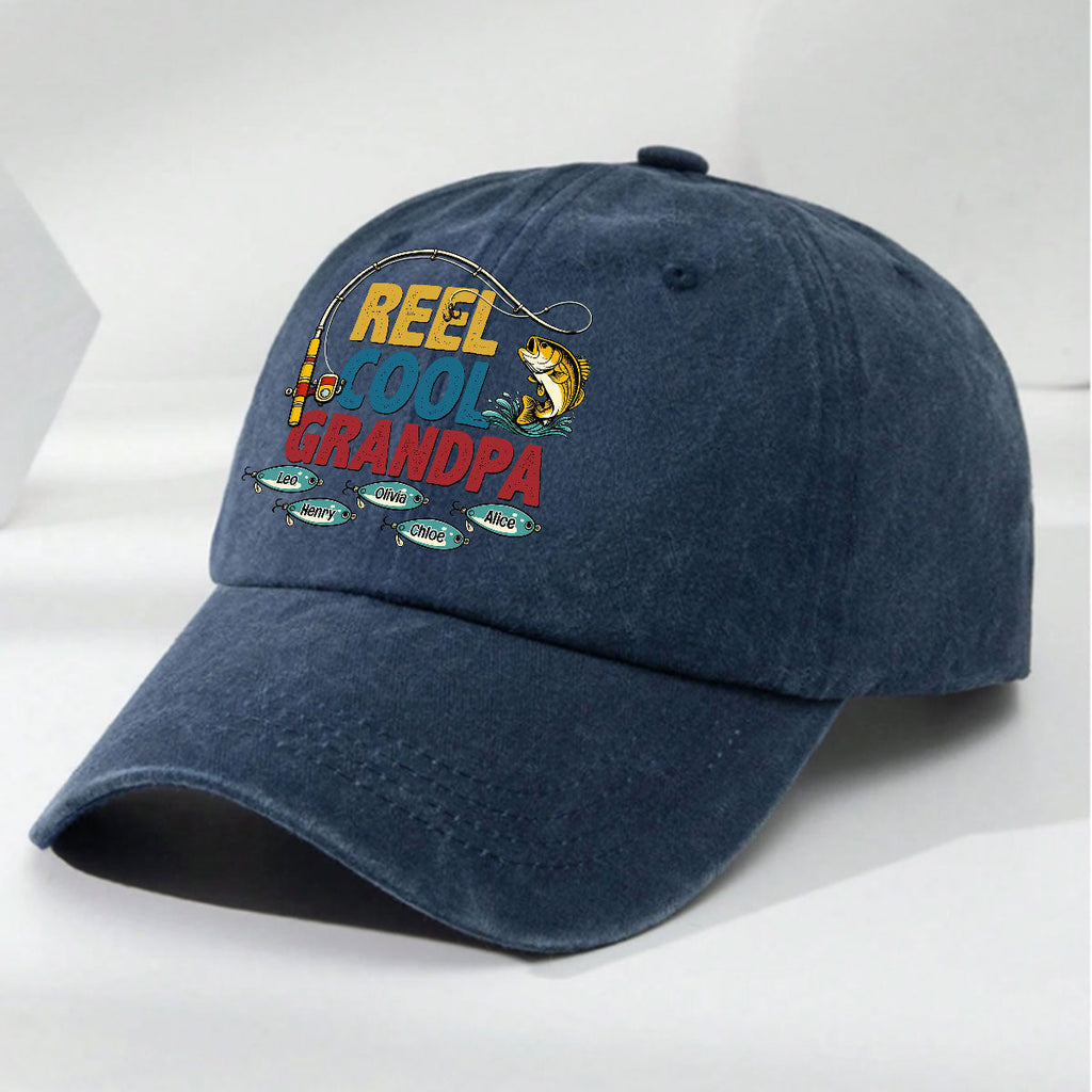 Custom Christmas Headwear Birthday Gifts for Grandpa • Reel Cool Grandpa - Personalized Vintage Washed Denim Cap