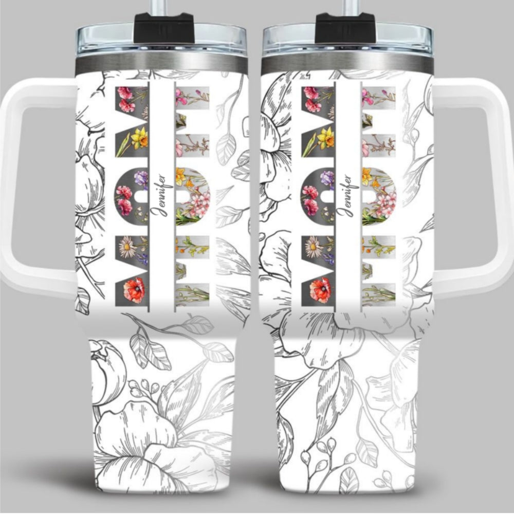 Custom Mother's Day Birthday Gifts For Mom • Floral Mom - Personalized Engraved 40oz Tumbler With Handle