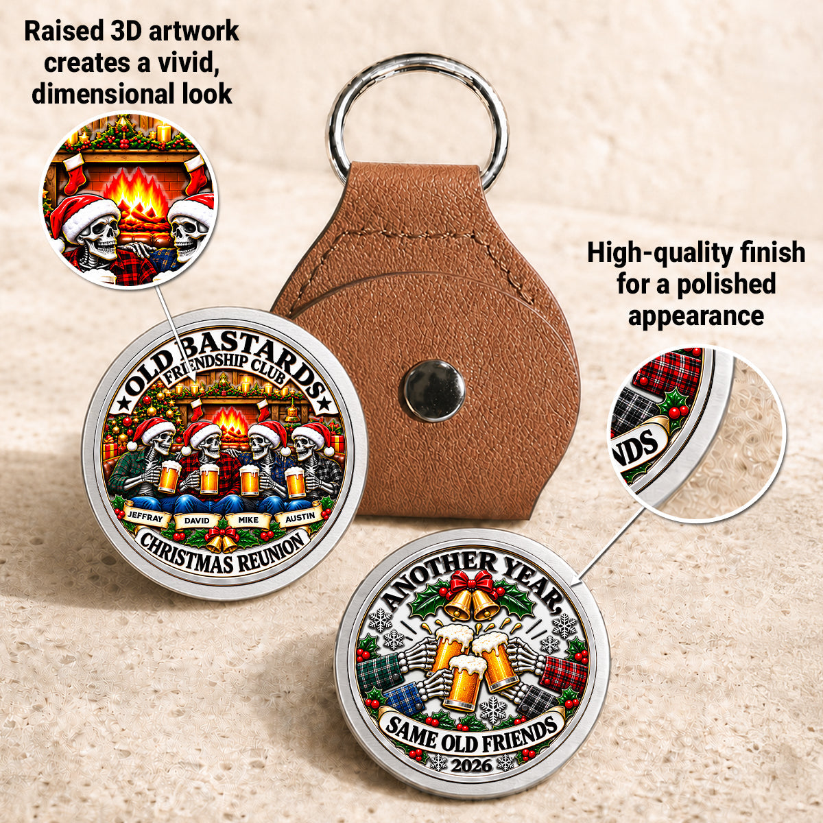 Custom Besties Coin Keychain, Friendship Birthday Gifts • Same Crew Same Christmas Chaos - Personalized 3D Printing Pocket Hug