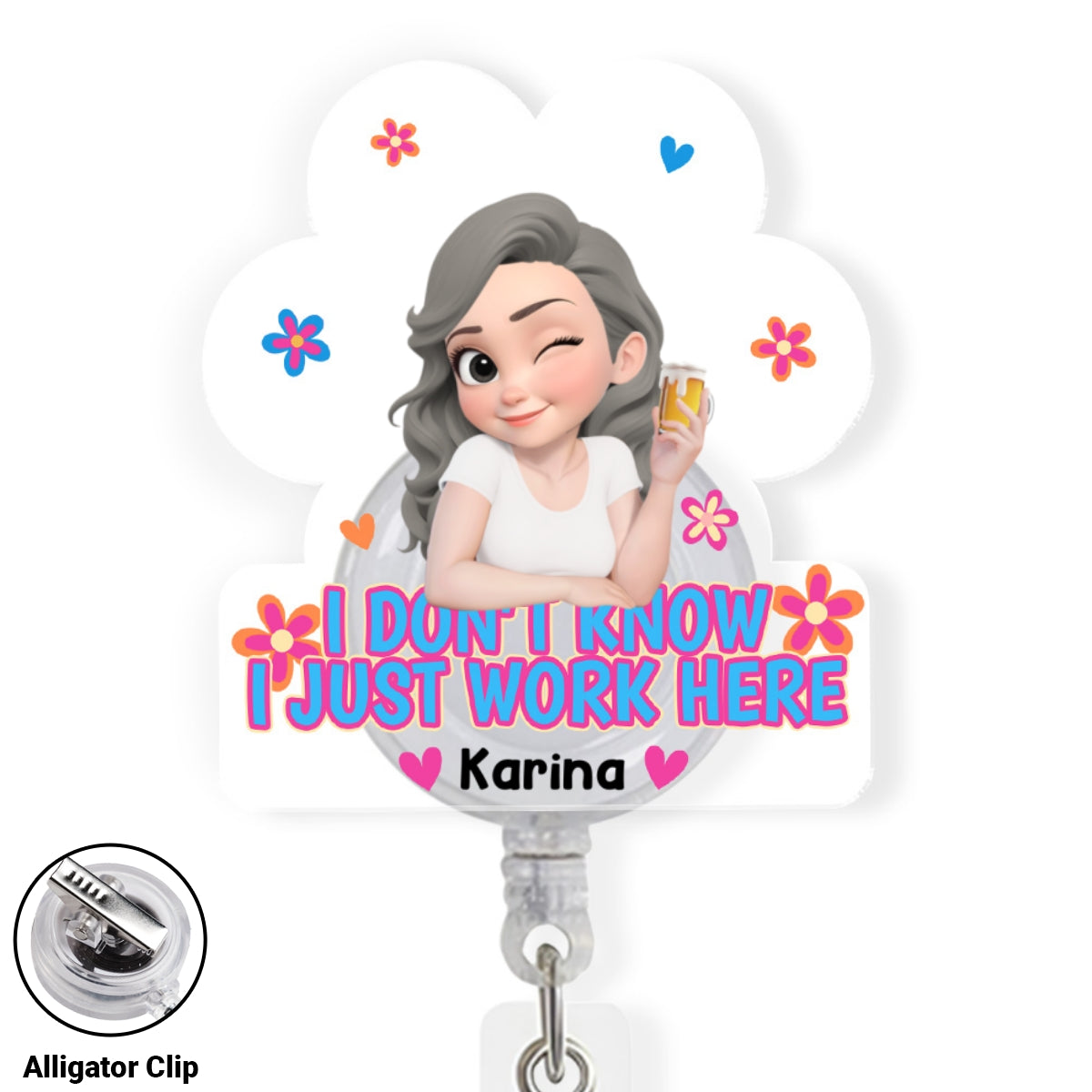 Custom ID Holder Gifts For Coworker, For Boss, Office Gift With Name • I Just Work Here - Personalized Acrylic Badge Reel