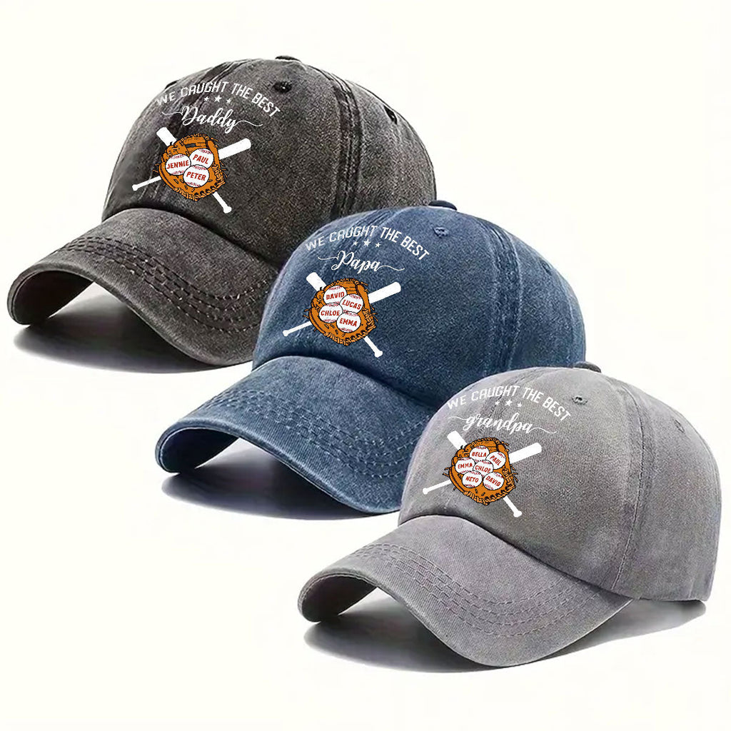 Custom Christmas Headwear Birthday Gifts for Dad • We Caught The Best Dad - Personalized Vintage Washed Denim Cap