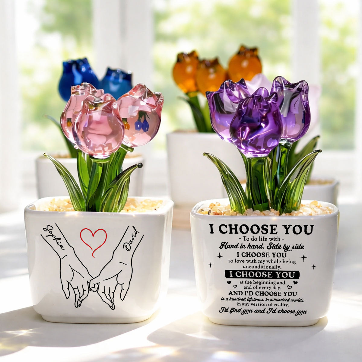 Custom Glass Flower Keepsake, Romantic Anniversary Gift for Wife • I Choose You - Personalized Glass Everlasting Tulips