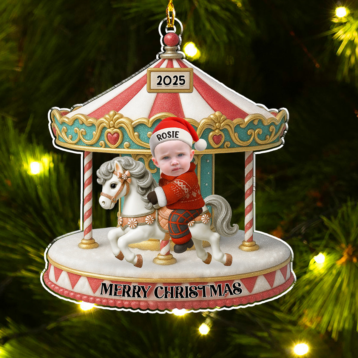 Custom Photo Baby Christmas Ornament for New Parents • Baby Riding On A Carousel - Personalized Acrylic Ornament