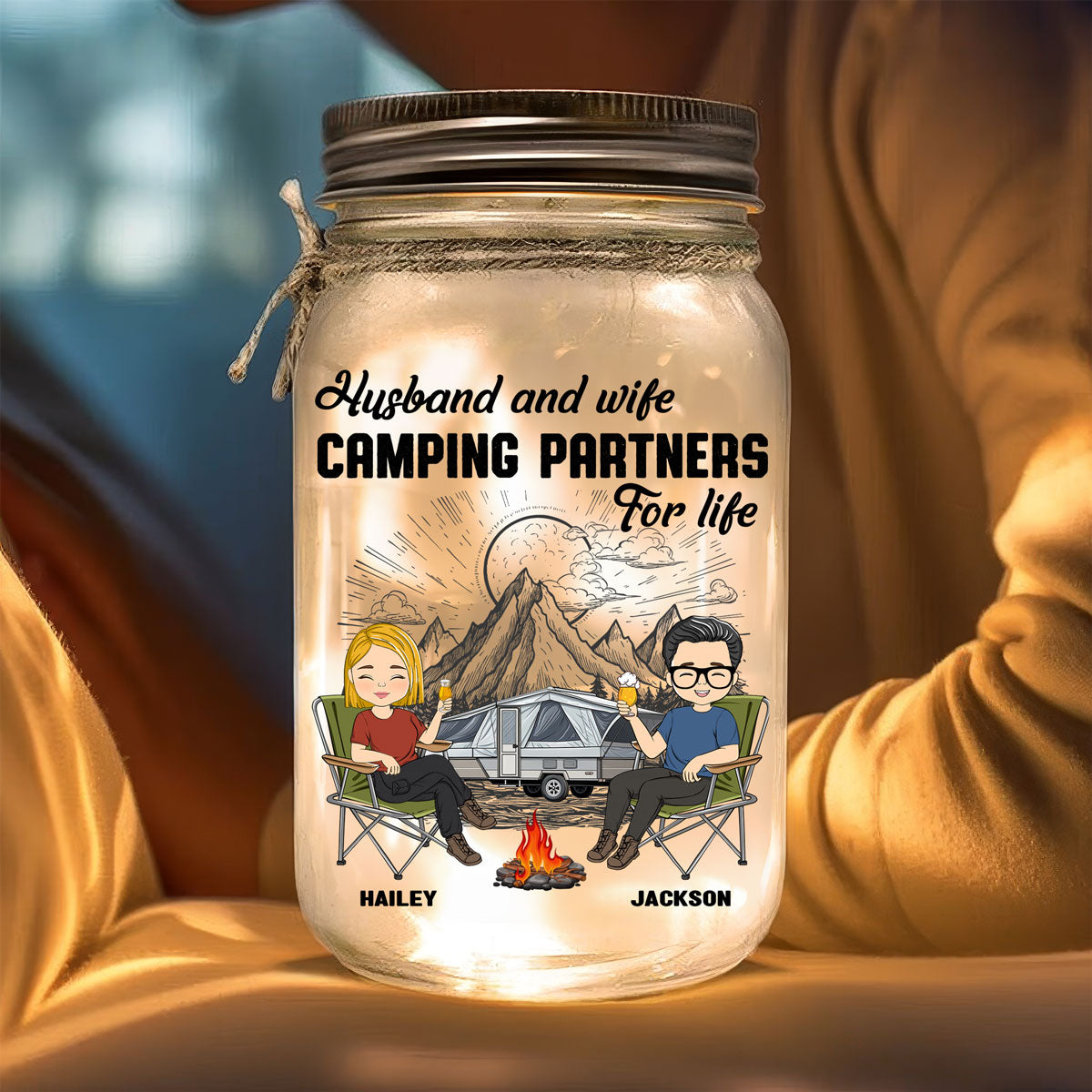 Husband And Wife Camping Partners For Life - Personalized Mason Jar Light