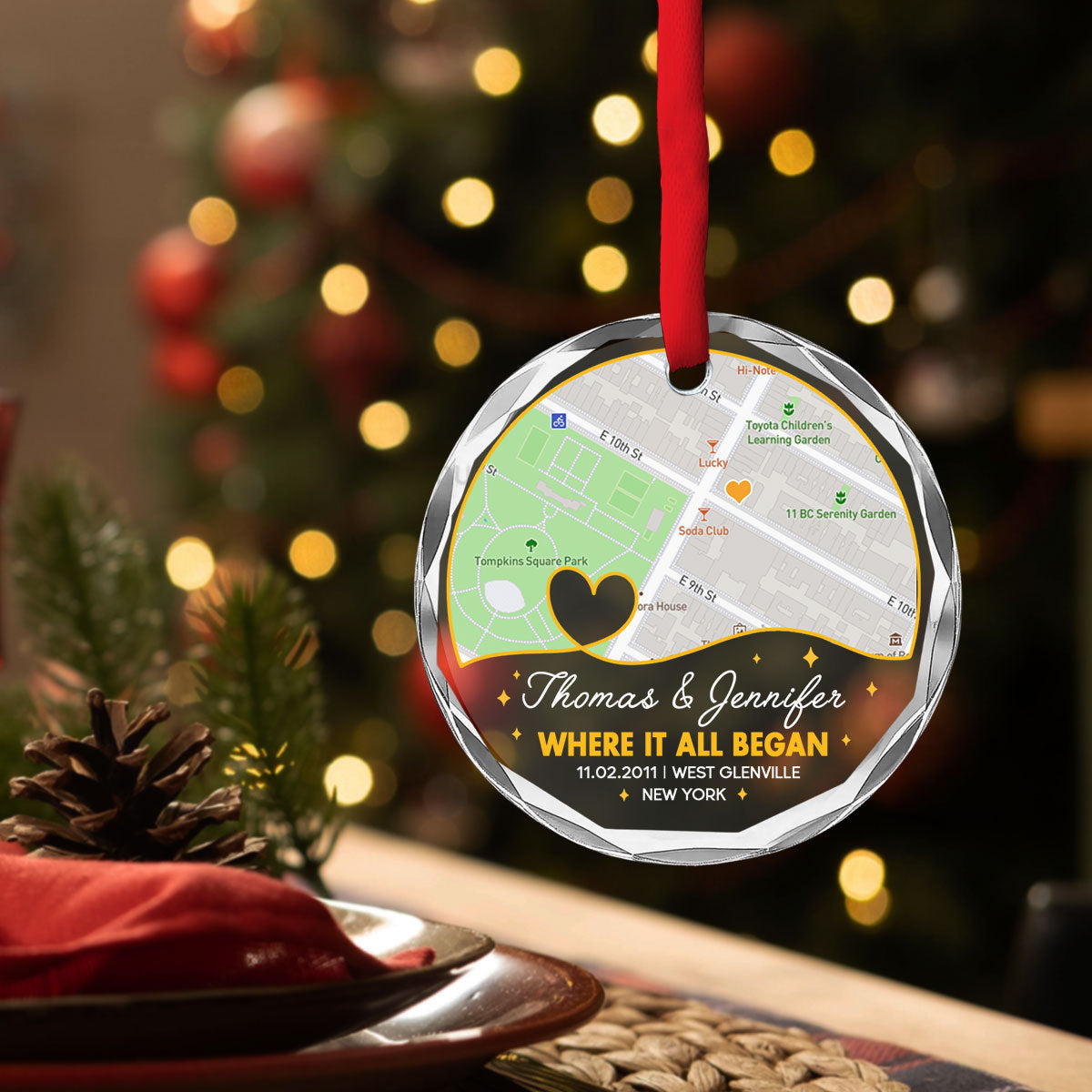 Custom Couple Christmas Ornament, Anniversary Gift •  Where Everything Began - Personalized Glass Ornament