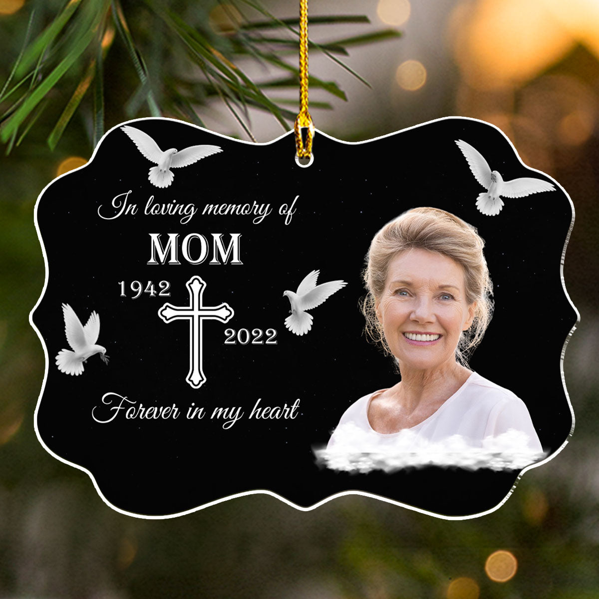 Custom Photo Memorial Christmas Ornament, Sympathy Keepsake • Forever In Our Hearts - Personalized Acrylic Ornament