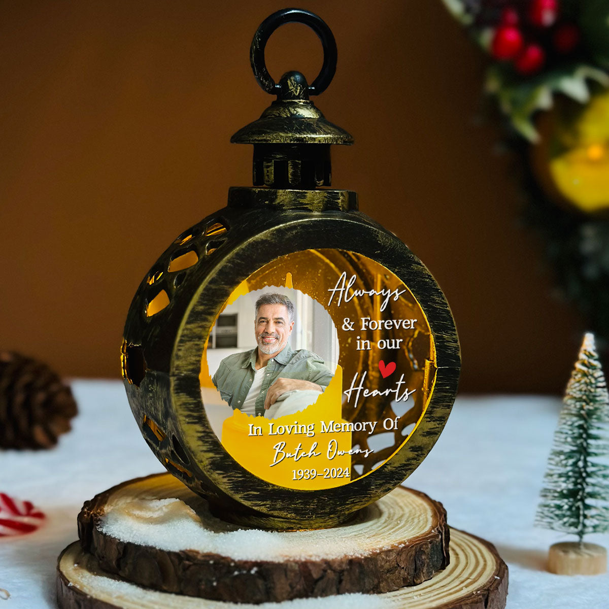 Custom Photo Memorial Christmas Night Light, Remembrance Gifts • Love Never Truly Says Goodbye - Personalized Christmas Lantern