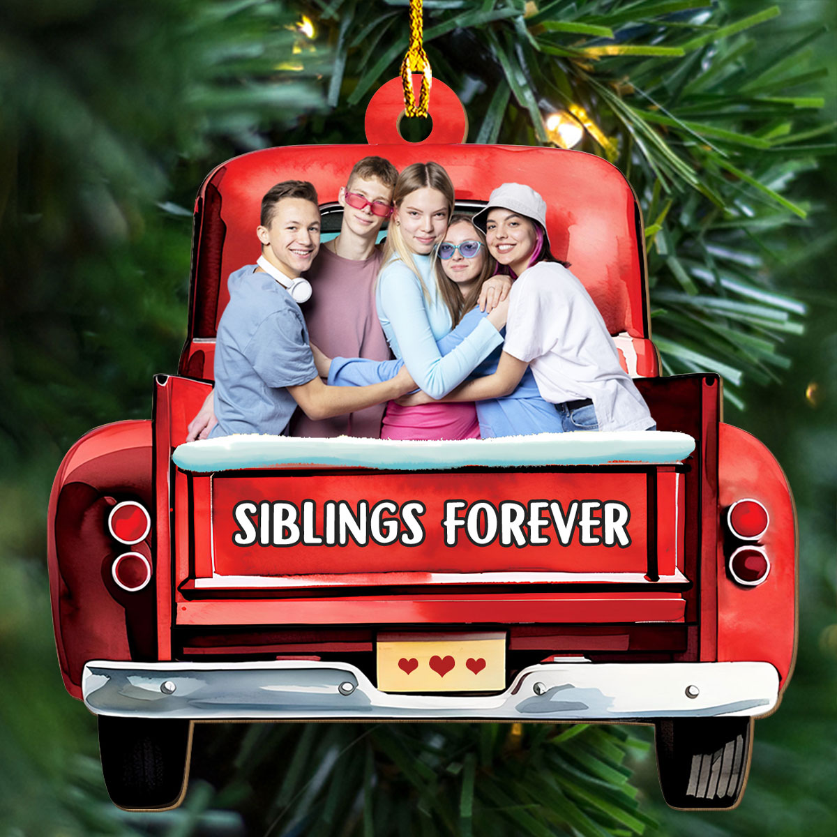 Custom Photo Friendship Christmas Ornament, Best Friend Gift • Bestie On Red Truck - Personalized 1-layered Wood Ornament