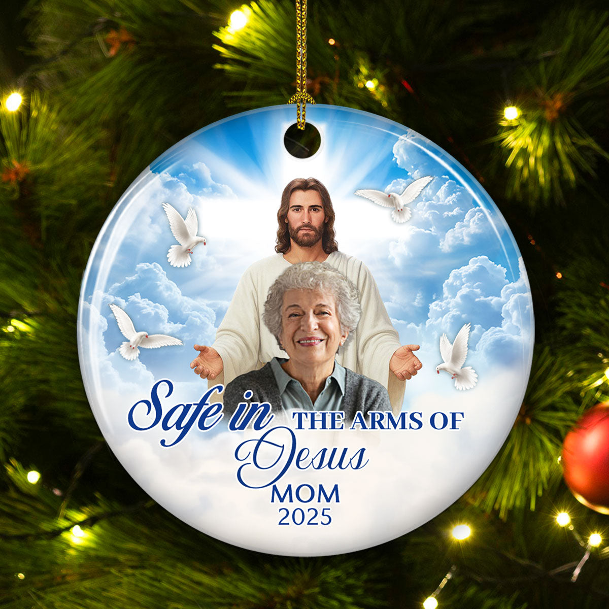 Custom Photo Memorial Christmas Ornament, Sympathy Keepsake • Safe In The Arms Of Jesus - Personalized Ceramic Ornament