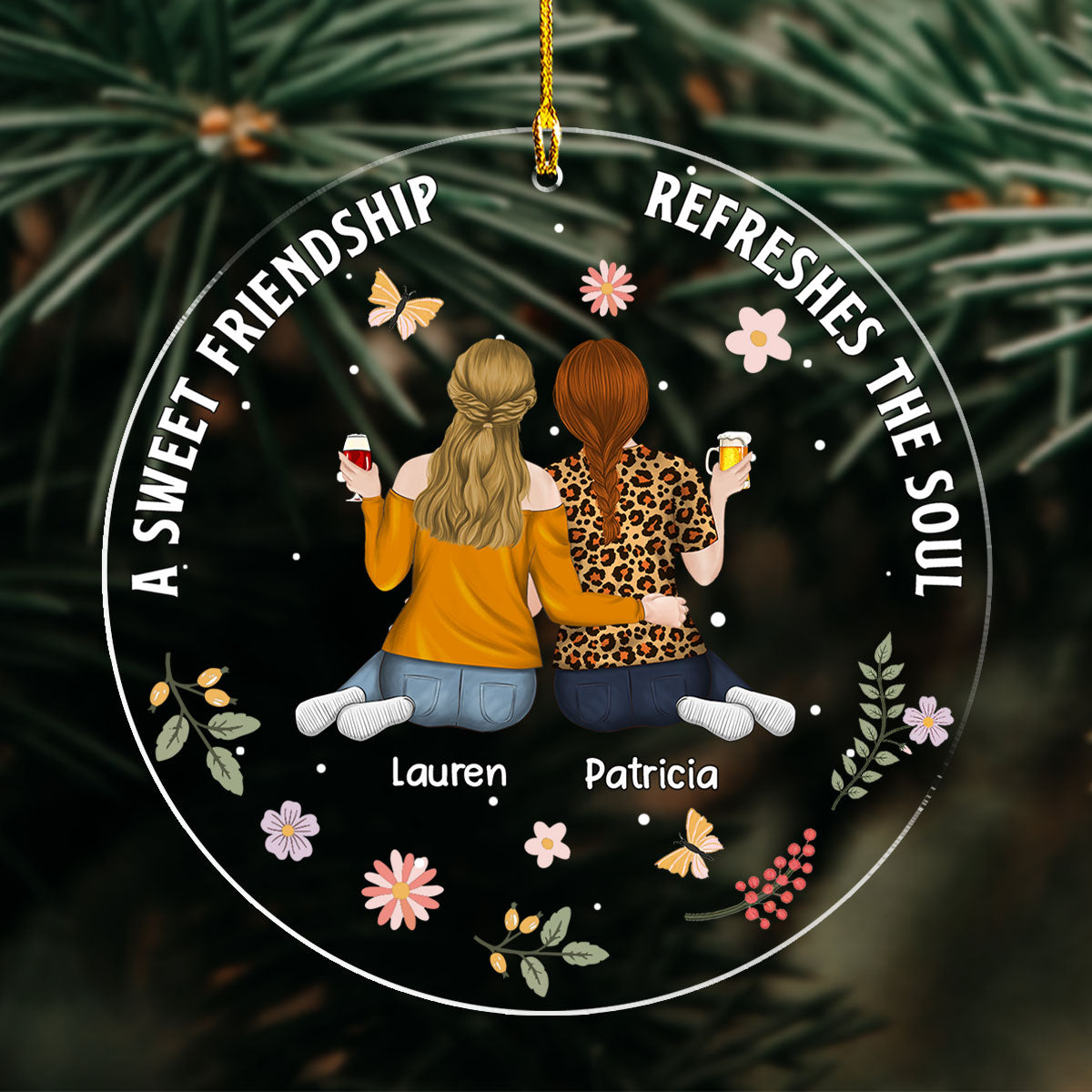 Custom Friendship Christmas Ornament, Best Friend Gift •  Besties Refresh The Soul - Personalized Acrylic Ornament