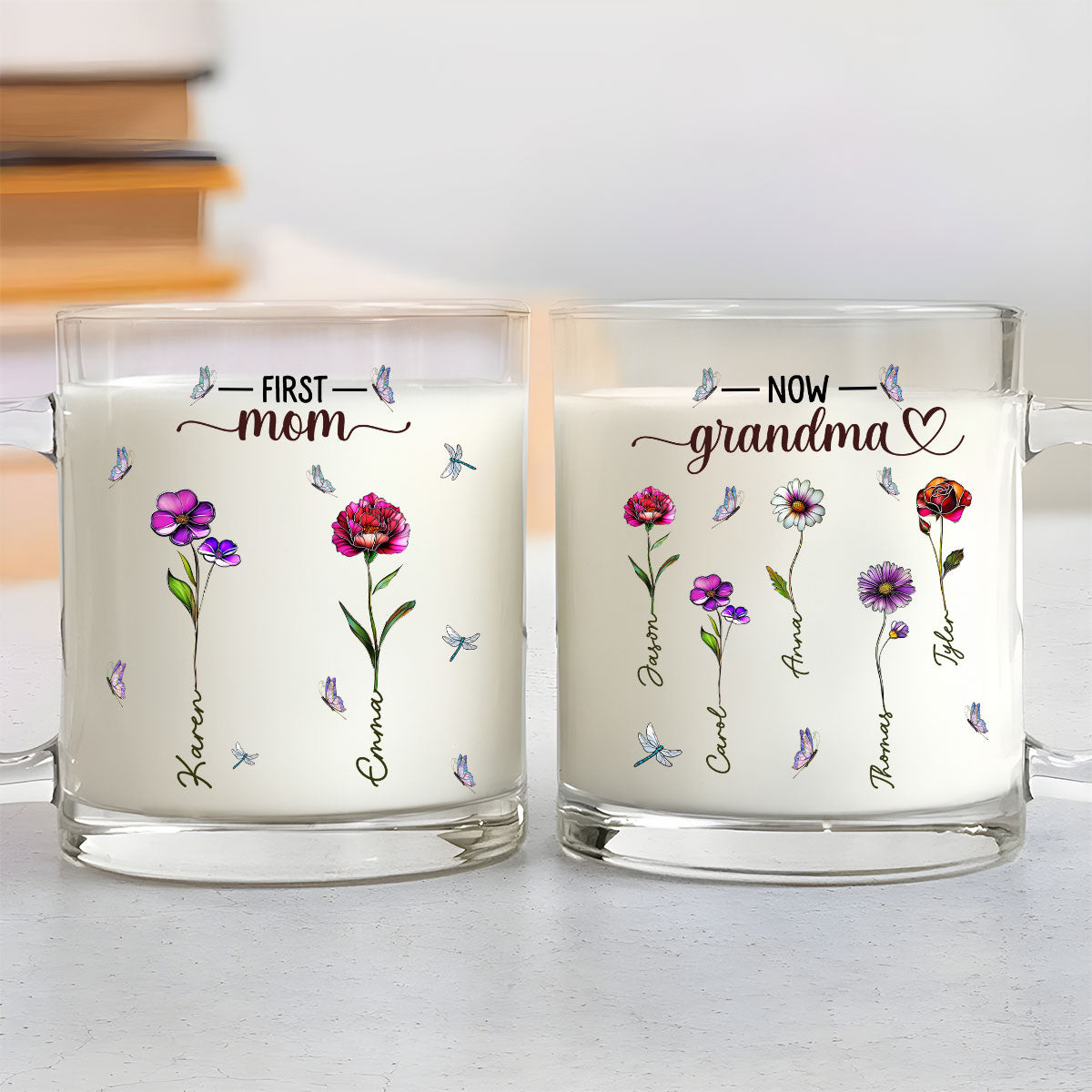 Custom Christmas & Birthday Gift for Mom • First Mom Now Nana Birthmonth Flower - Personalized Glass Mug