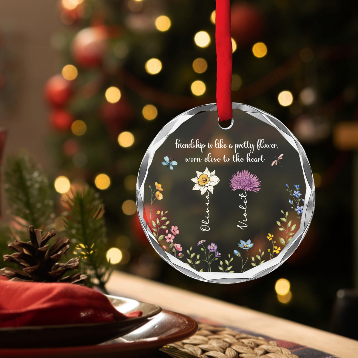 Custom Keepsake Christmas Ornament •  Friendship Blooms Where Hearts Connect - Personalized Glass Ornament