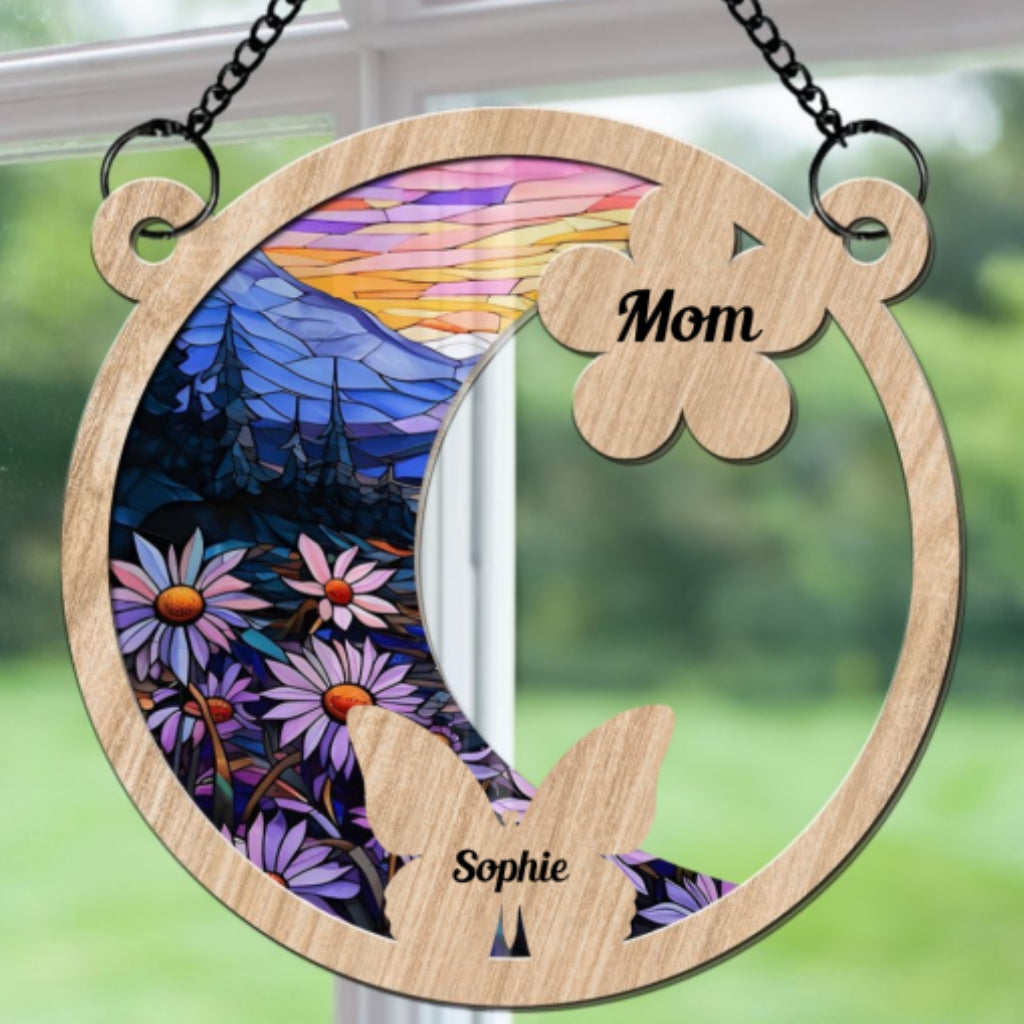 Custom Name Hanging Decor for Mom Daughter, Mother's Day Gifts • Whispers Of Butterflies And Flowers - Personalized Suncatcher