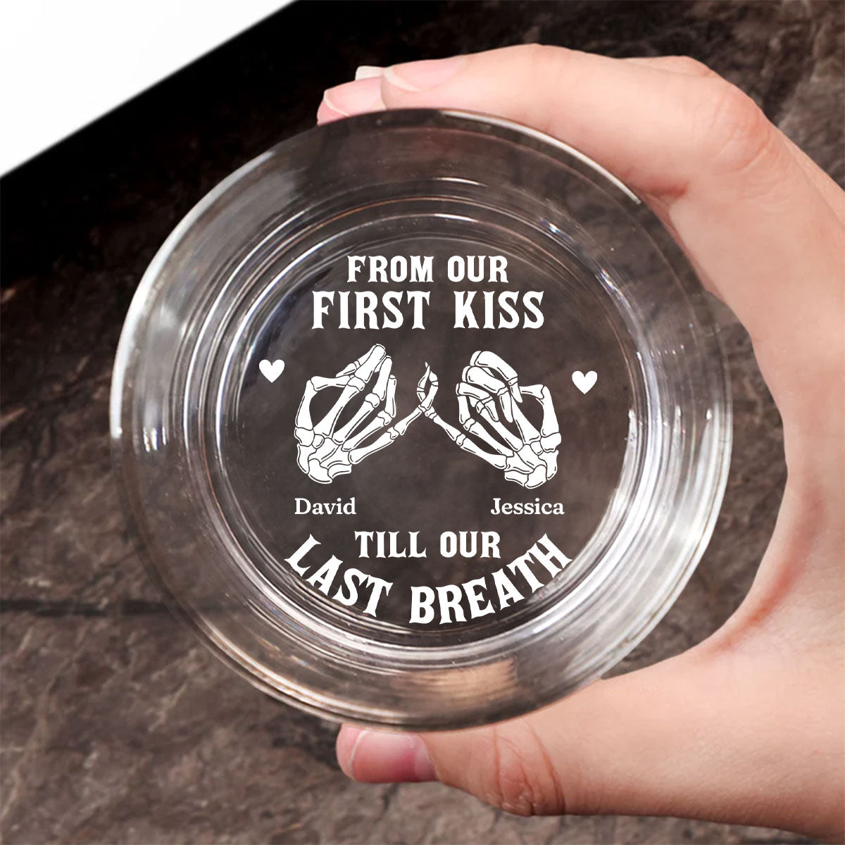 Custom Christmas Anniversary Birthday Drinkware Gifts for Husband • Our First Kiss - Personalized Engraved Whiskey Glass