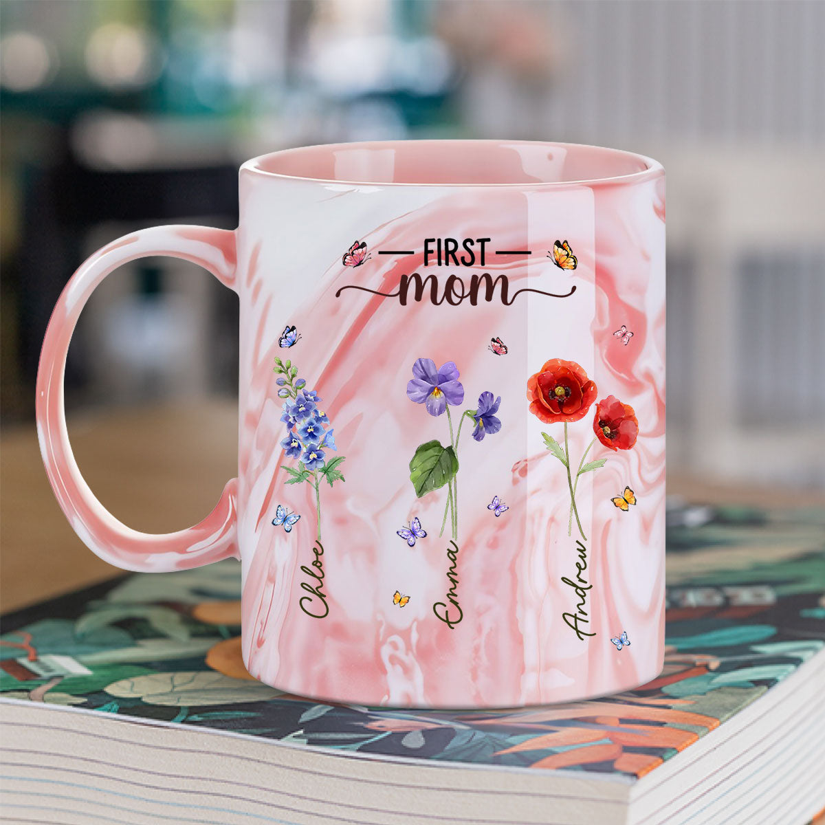 Custom Christmas & Birthday Gift For Grandma • First Mom Now Grandma - Personalized Pink Marble Mug